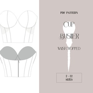 Puede incluir: Un patrón PDF para un bustier de copa, recortado a la cintura, en tallas 2-22. El patrón se muestra como un dibujo de línea de la parte delantera y trasera de la prenda.