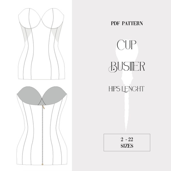 Bustier with cups hips length PDF pattern.