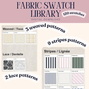 Puede incluir: Una biblioteca digital de muestras de tela para Adobe Illustrator con 120 muestras. La colecci&oacute;n incluye 3 patrones tejidos, 2 patrones de encaje y 9 patrones de rayas en formato de cuadr&iacute;cula con etiquetas como Weaved, Tiss&eacute;, Lace, Dentelle, Stripes y Lign&eacute;e.