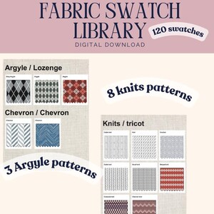 Puede incluir: Biblioteca de muestras de tela para Adobe Illustrator en descarga digital con 120 muestras. La colecci&oacute;n incluye 3 patrones de argyle con dise&ntilde;os de rombos y 8 patrones de tejido que incluyen texturas de cable, ganchillo y chevron.
