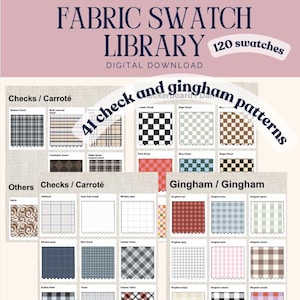 Puede incluir: Una descarga digital de una biblioteca de muestras de tela para Adobe Illustrator que contiene 120 muestras, incluyendo 41 patrones de cuadros y vichy. La imagen muestra cuadr&iacute;culas de diversos dise&ntilde;os textiles, incluyendo estampados de cuadros y vichy.