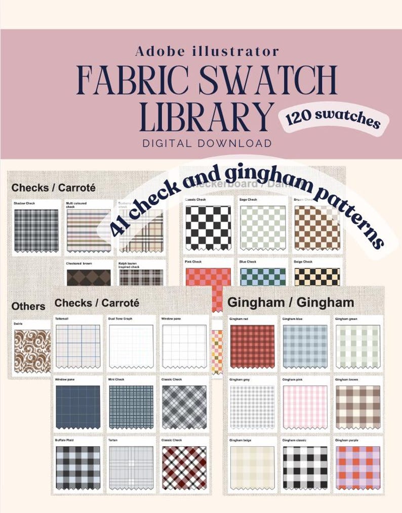Puede incluir: Una descarga digital de una biblioteca de muestras de tela para Adobe Illustrator que contiene 120 muestras, incluyendo 41 patrones de cuadros y vichy. La imagen muestra cuadr&iacute;culas de diversos dise&ntilde;os textiles, incluyendo estampados de cuadros y vichy.