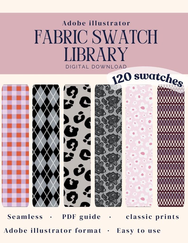 Puede incluir: Una descarga digital de una biblioteca de muestras de tela para Adobe Illustrator con 120 dise&ntilde;os. La imagen muestra seis muestras rectangulares verticales con patrones que incluyen cuadros vichy rojos y rosas, rombos negros, estampado de leopardo, encaje negro, flores rosas y una textura de punto oscura.
