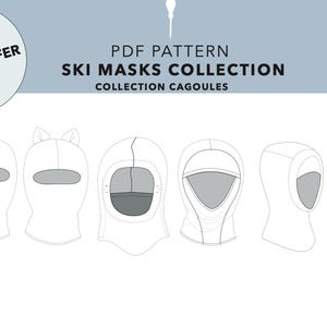Peut inclure: Un patron PDF pour une collection de masques de ski, présentant divers modèles de cagoules. L'image comprend le texte "WETRANSFER DOWNLOAD" et "SKI MASKS COLLECTION COLLECTION CAGOULES". Les modèles sont en blanc avec des ouvertures grises pour les yeux et la bouche.