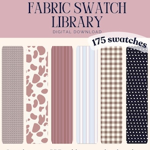 Peut inclure: Bibliothèque d'échantillons de tissu Adobe Illustrator en téléchargement numérique comprenant 175 motifs. Six panneaux verticaux présentent des textures tricotées, des taches de vache, des rayures fines, des carreaux et des pois blancs sur fond sombre.