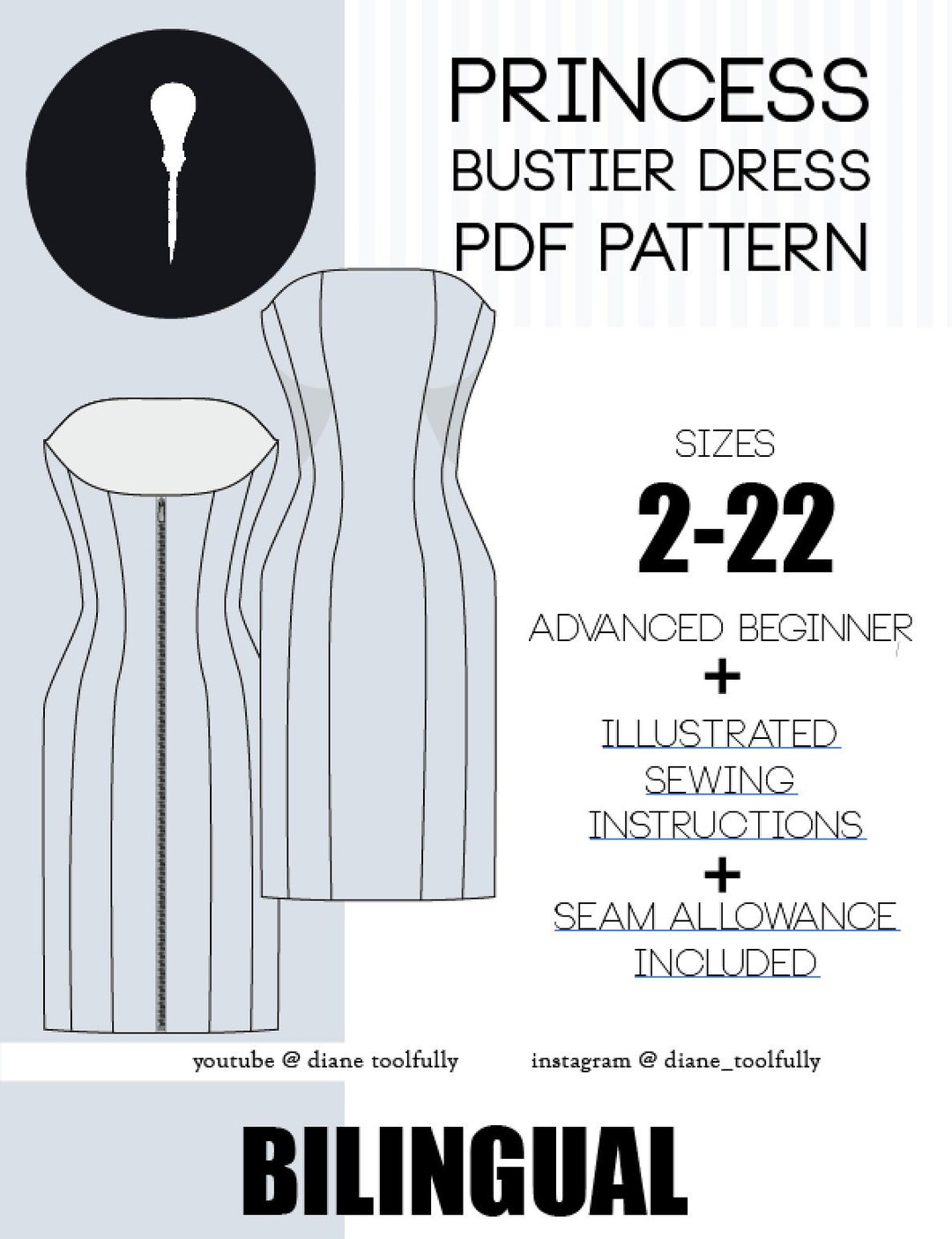 Strapless Princess Cut Dress Pattern PDF Pattern Bustier Dress Princess ...
