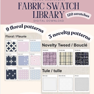 Puede incluir: Biblioteca de muestras de tela para Adobe Illustrator en descarga digital con 120 muestras. Incluye 9 patrones florales, 3 patrones de tweed y boucl&eacute;, y 3 patrones de tul mostrados en una cuadr&iacute;cula con varios colores y texturas.