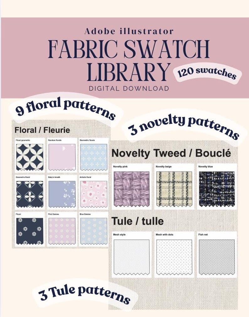 Puede incluir: Biblioteca de muestras de tela para Adobe Illustrator en descarga digital con 120 muestras. Incluye 9 patrones florales, 3 patrones de tweed y boucl&eacute;, y 3 patrones de tul mostrados en una cuadr&iacute;cula con varios colores y texturas.