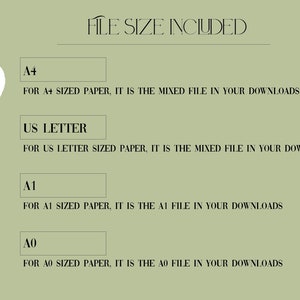Puede incluir: Un fondo verde con texto blanco que dice "FILE SIZE INCLUDED". Debajo del texto hay cuatro cuadros con el siguiente texto: "A4", "US LETTER", "A1" y "AO". Cada cuadro tiene una descripci&oacute;n debajo que explica el tama&ntilde;o del archivo y para qu&eacute; es.