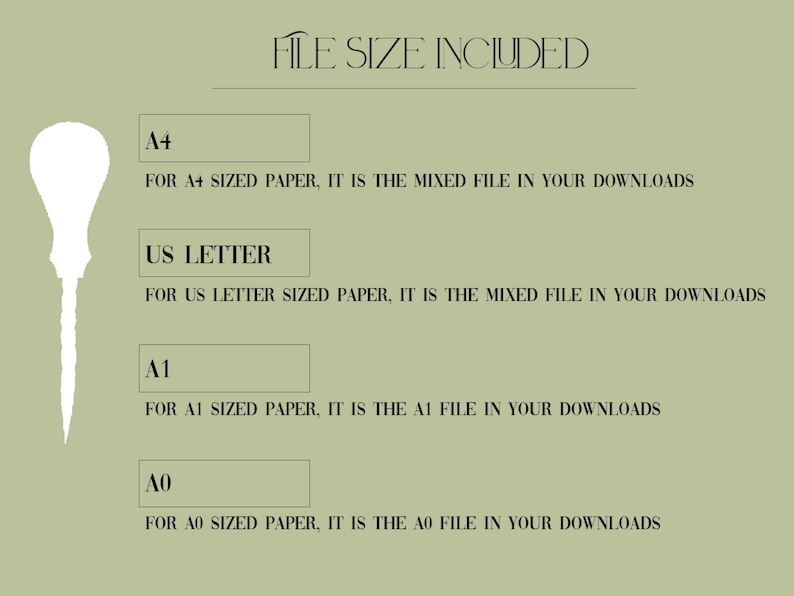Puede incluir: Un fondo verde con texto blanco que dice "FILE SIZE INCLUDED". Debajo del texto hay cuatro cuadros con el siguiente texto: "A4", "US LETTER", "A1" y "AO". Cada cuadro tiene una descripci&oacute;n debajo que explica el tama&ntilde;o del archivo y para qu&eacute; es.