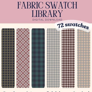 May include: A digital download of an Adobe Illustrator fabric swatch library featuring 72 swatches. The graphic displays six vertical rectangular samples with various plaid, checkered, and tartan patterns in shades of navy, red, green, and beige.