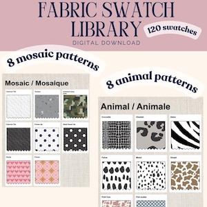 Puede incluir: Biblioteca de muestras de tela para Adobe Illustrator en descarga digital con 120 dise&ntilde;os. Incluye 8 patrones de mosaico como chevron, terrazo y floral, y 8 patrones de animales como cocodrilo, guepardo, cebra, felino, jirafa, vaca y escamas.