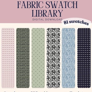 May include: Adobe Illustrator Fabric Swatch Library digital download with 81 swatches. Six vertical rectangular panels display patterns including pink with red dots, green with dashes, sage with a grid, black and white spots, blue with white dots, and navy with white dots.