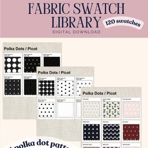 Puede incluir: Una biblioteca de muestras de tela para Adobe Illustrator en descarga digital con 120 muestras y 21 patrones de lunares. La imagen muestra tres hojas cuadriculadas etiquetadas como Polka Dots / Picot con diversos dise&ntilde;os de puntos.