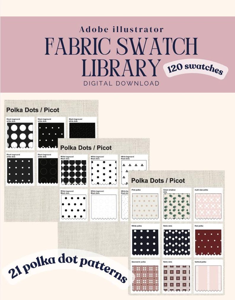 Puede incluir: Una biblioteca de muestras de tela para Adobe Illustrator en descarga digital con 120 muestras y 21 patrones de lunares. La imagen muestra tres hojas cuadriculadas etiquetadas como Polka Dots / Picot con diversos dise&ntilde;os de puntos.