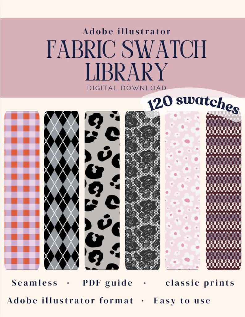 Puede incluir: Una descarga digital de una biblioteca de muestras de tela para Adobe Illustrator con 120 dise&ntilde;os. El gr&aacute;fico muestra seis muestras rectangulares verticales con patrones que incluyen cuadros vichy rojos y morados, rombos negros, estampado de leopardo, encaje negro, flores rosas y una textura de punto oscura.