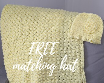 Hellgelbe Handgemachte Babydecke mit GRATIS Passender Mütze