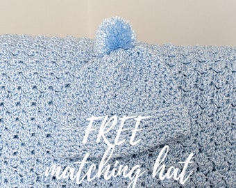 FREE matching baby hat - Light Blue Handmade Baby Blanket | Crochet Baby Blanket | Bassinet Crib Stroller Blanket