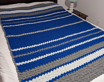 Blue, Gray and White Striped Handmade Blanket | Crochet Blanket