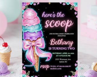 May include: A birthday invitation with a black background and a neon ice cream cone design. The invitation reads "Here's the scoop" and includes the name "Bethany" and event details. Pastel ice cream cones and decorations surround the invitation.