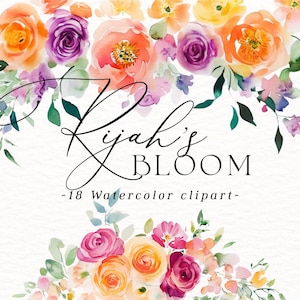 春と夏の花、明るいウェディング フラワー、水彩画の花、新鮮なカラフルな花、Rijahs の咲く花セット、夏のパステル 1