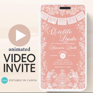 Könnte beinhalten: Eine digitale Videoeinladung auf einem Smartphone-Bildschirm. Die Einladung hat einen rosa Hintergrund mit weißen Blumen- und Bannerdesigns. Der Text enthält "Cielito Lindo" und Veranstaltungsdetails für Amanda Smiths Babyparty. Die Worte "animated VIDEO INVITE" sind ebenfalls zu sehen.