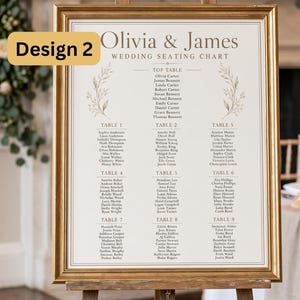 Puede incluir: Un plano de asientos de boda en un marco dorado con el texto Olivia & James Wedding Seating Chart. El plano enumera a los invitados para una mesa principal y las mesas uno a nueve, decorado con dos ilustraciones bot&aacute;nicas sim&eacute;tricas a los lados.