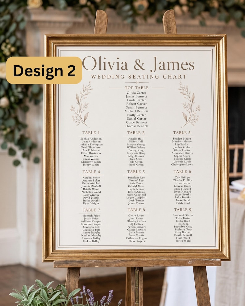 Puede incluir: Un plano de asientos de boda en un marco dorado con el texto Olivia & James Wedding Seating Chart. El plano enumera a los invitados para una mesa principal y las mesas uno a nueve, decorado con dos ilustraciones bot&aacute;nicas sim&eacute;tricas a los lados.