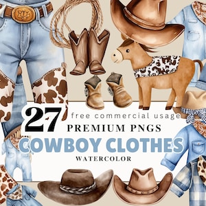 Imágenes prediseñadas de vaquero, ropa de vaquero, accesorios de vaquero, acuarela de vaquero occidental png, ropa de guardería de vaquero, ropa con estampado de vaca, bebé vaquero-1