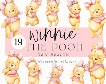 May include: Watercolor clipart featuring Winnie the Pooh in various poses. The illustrations show the bear wearing a pink shirt and bow. The text on the image reads "Winnie the Pooh, New Design, Watercolor clipart".