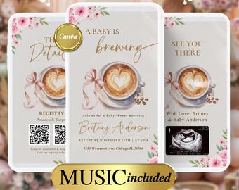 May include: Three digital invitations for a baby shower, featuring a coffee cup with heart-shaped latte art. The invitations include text that reads "A Baby is Brewing", "See You There", and "The Details". The invitations are decorated with pink floral accents.