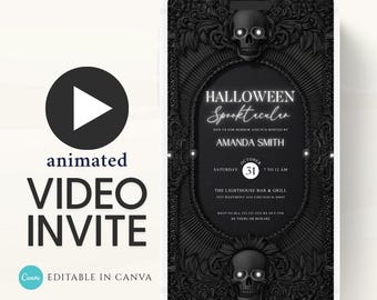 Dark Skull Halloween Party Video Invitation: Editable Canva Template (Digital Download