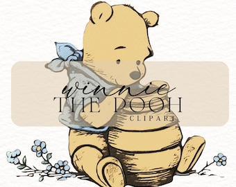 May include: Winnie the Pooh cartoon character clipart illustration.  The yellow bear is sitting next to a honey pot and holding a blue and white scarf.  The text "Winnie the Pooh" and "Clipart" is written on a tan banner behind the bear.