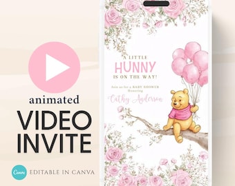 Invitación en video para baby shower de Winnie the Pooh rosa (descarga digital)