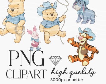 May include: Digital PNG clipart featuring Winnie the Pooh characters in cowboy hats. Includes Pooh Bear, Piglet, Tigger, and Eeyore. The image also includes the text "PNG CLIPART high quality 3000px or better".