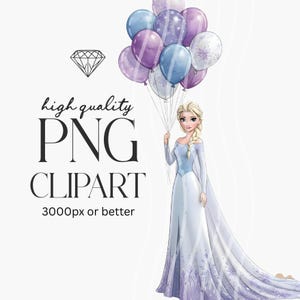 Puede incluir: Imagen prediseñada PNG digital que presenta una ilustración de dibujos animados de una mujer con un vestido azul y blanco que sostiene un montón de globos. Los globos son de color púrpura y azul. El texto en la imagen dice "high quality PNG clipart 3000px or better".
