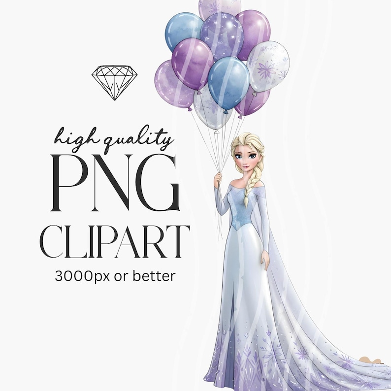 Pu&ograve; includere: Immagine clipart PNG digitale con un'illustrazione di una donna in abito blu e bianco che tiene in mano un mazzo di palloncini. I palloncini sono viola e blu. Il testo sull'immagine recita "high quality PNG clipart 3000px or better".