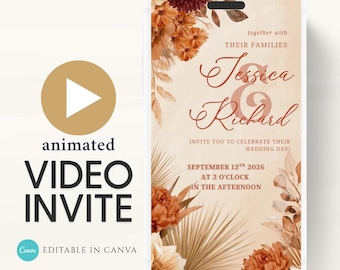 May include: An animated video invite with a floral design. The text reads "Jessica & Richard" and invites guests to celebrate their wedding on September 12th, 2026, at 2 o'clock in the afternoon. The invite is editable in Canva.