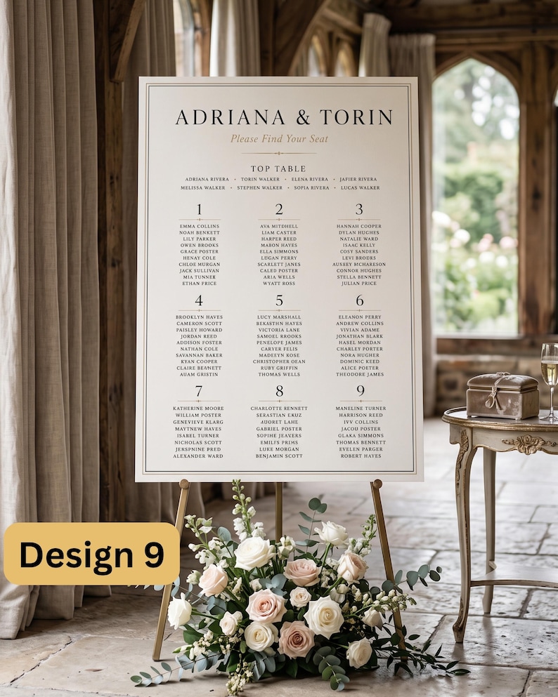 Puede incluir: Un cartel de plano de asientos de boda blanco con texto negro que muestra los nombres Adriana & Torin, una mesa principal y nueve mesas numeradas con nombres de invitados, en un caballete dorado con rosas blancas y rosadas.