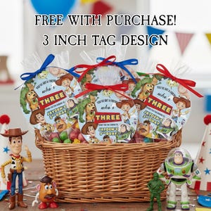 May include: A wicker basket filled with party favors, each with a 3-inch tag featuring Toy Story characters. The tags read "THREE" and "JAYDEN'S 3RD BDAY". The image includes Toy Story figurines and party hats.