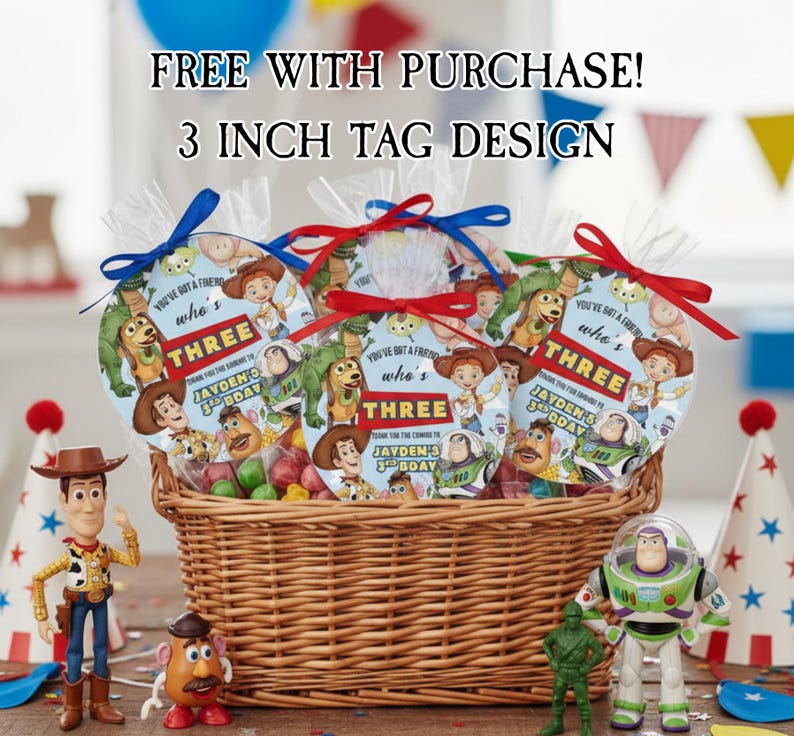 May include: A wicker basket filled with party favors, each with a 3-inch tag featuring Toy Story characters. The tags read "THREE" and "JAYDEN'S 3RD BDAY". The image includes Toy Story figurines and party hats.