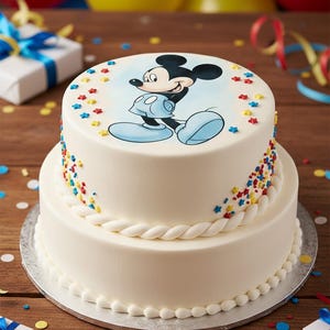 May include: Two-tiered white cake decorated with a Mickey Mouse image. The cake has a rope-like design between the layers and is adorned with colorful sprinkles and star-shaped sprinkles. Balloons and gifts are in the background.