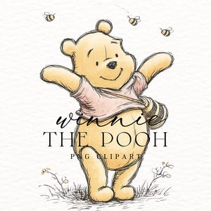May include: Watercolor illustration of Winnie the Pooh with arms outstretched, wearing a pink shirt and carrying a striped bag. Three bees fly above the bear. The text "Winnie the Pooh PNG Clipart" is below the bear.
