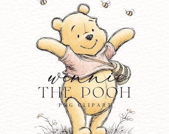 May include: A watercolour illustration of Winnie the Pooh with arms outstretched, wearing a pink shirt and carrying a striped bag. Three bees fly above the bear. The text "Winnie the Pooh PNG Clipart" is below the bear.