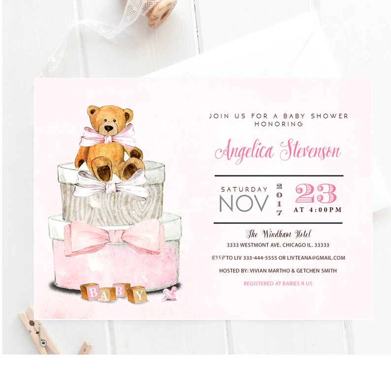 Bear Baby Shower Invitation Its A Girl Teddy Bear Baby Etsy