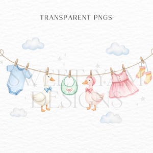 Silly Goose, Goose and gander Baby clothes clipart, Clothesline baby shower clipart, Watercolor clothesline, Baby shower clipart png-6