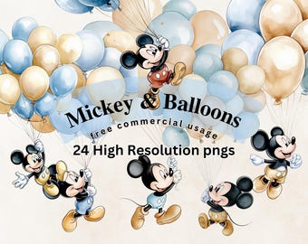 Globos azules de Mickey Mouse: imágenes PNG de acuarela (24 imágenes)