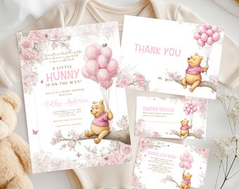 Set di inviti per baby shower a tema Winnie the Pooh rosa (download digitale)