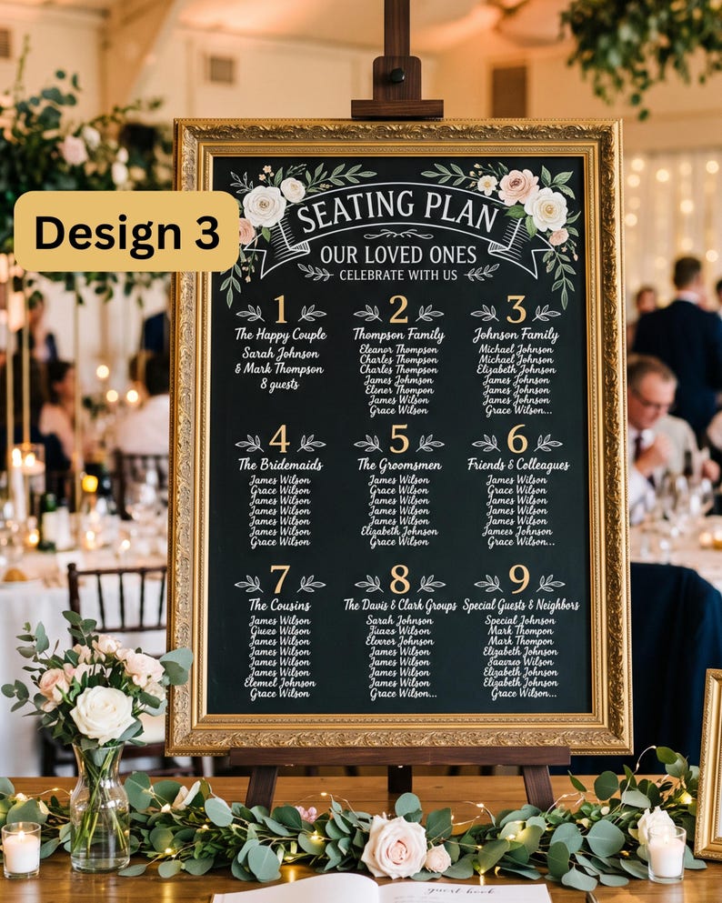Puede incluir: Un cartel de plan de asientos negro en un marco dorado ornamentado con ilustraciones florales blancas y el texto Design 3, Seating Plan, Our Loved Ones, Celebrate With Us, y una lista de nueve mesas con nombres en tipograf&iacute;a blanca y dorada.