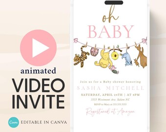 Invitación en video para baby shower de Winnie the Pooh para niña: invitación animada (descarga digital)